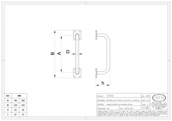 POIGNE DE PORTE RAIL COUDE D20 180MM ART.490180 IBFM