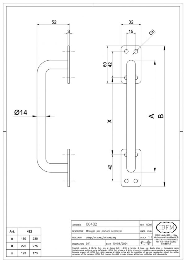 POIGNE DE PORTE RAIL COUDE D15 180MM ART.482180 IBFM