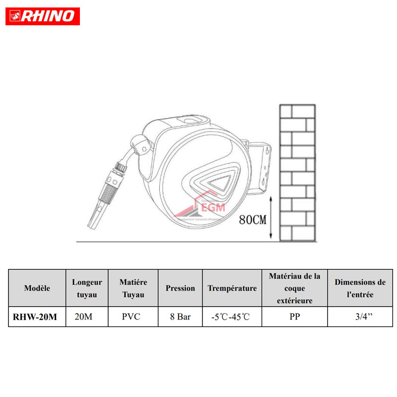 ENROULEUR DE TUYAU À EAU À RÉTRACTION AUTOMATIQUE 20M – RHINO