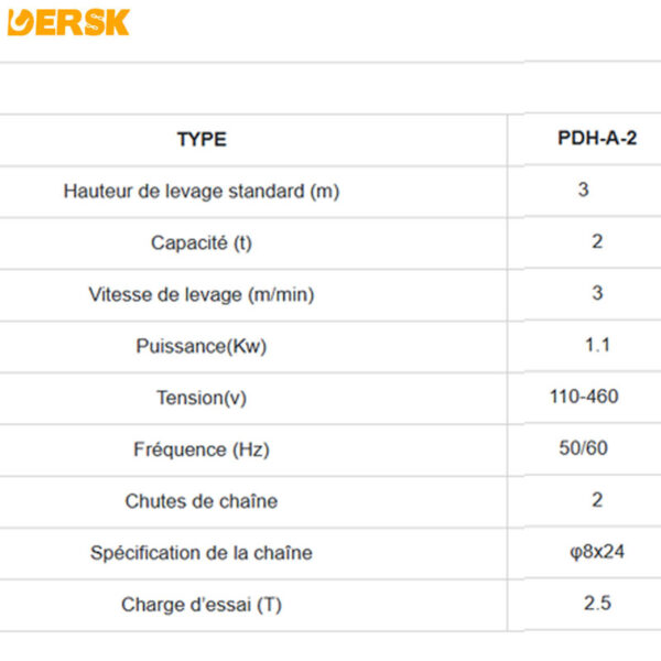 PALAN A CHAINE ELECTRIQUE 2.0T CHAINE 12M 380V DERSK