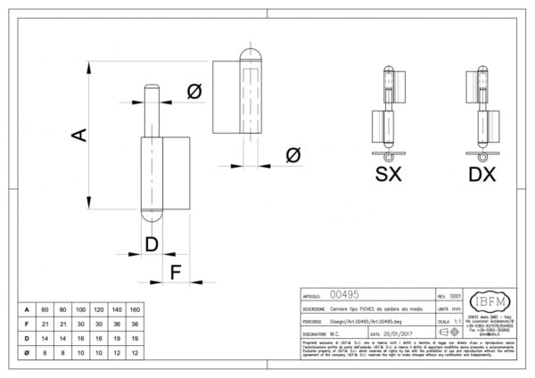 PAUMELLE A SOUDER PIVOT FIXE DROITE ART.495DX IBFM