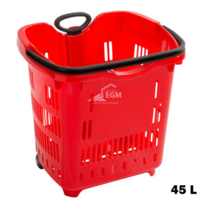 PANIER EN PLASTIQUE ROUGE & NOIR 45L A 2 ROUE POIGNE REGLABLE