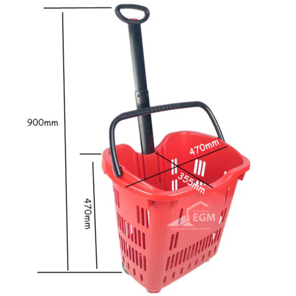 PANIER EN PLASTIQUE ROUGE & NOIR 45L A 2 ROUE POIGNE REGLABLE