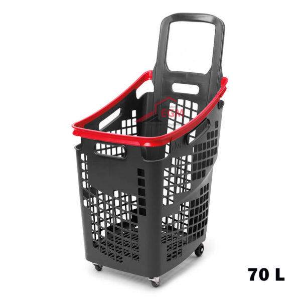 PANIER EN PLASTIQUE NOIR & ROUGE 70L A 4 ROUE