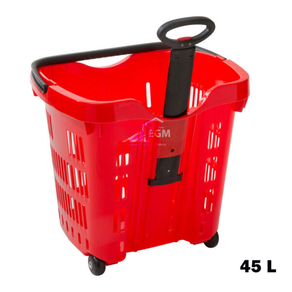 PANIER EN PLASTIQUE ROUGE & NOIR 45L A 2 ROUE POIGNE REGLABLE