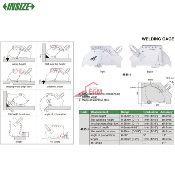 JAUGE DE SOUDAGE EN ACIER INOXYDABLE 0-60MM ECHELLE REGLABLE INSIZE