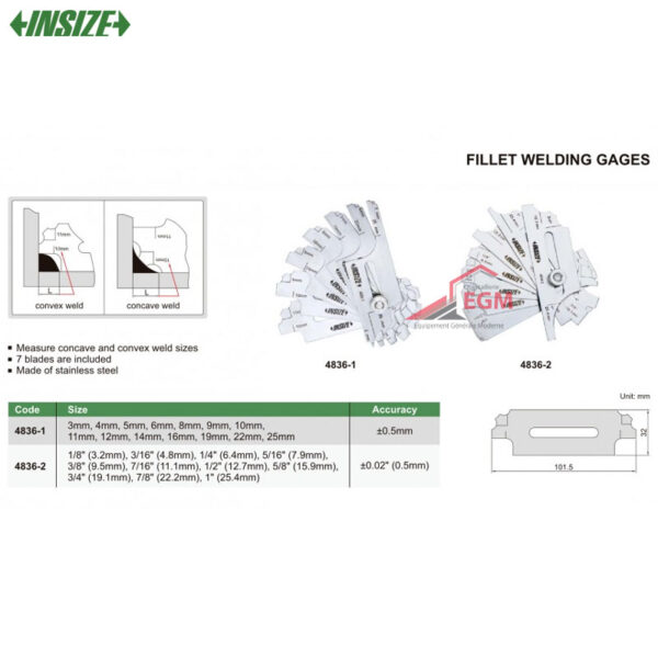 JAUGE DE SOUDAGE D'ANGLE METRIQUE EN ACIER INOXYDABLE 3.0-25.0MM 14 LAMES INSIZE