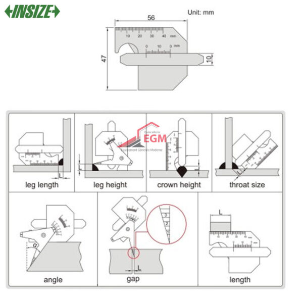 JAUGE DE SOUDAGE ANGLE/LONGUEUR/ECART 0-10MM EN ACIER INOXYDABLE INSIZE