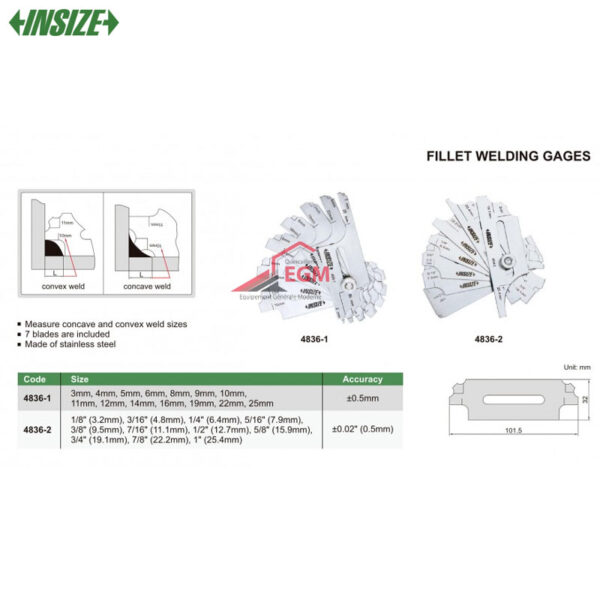 JAUGE DE SOUDAGE D'ANGLE EN ACIER INOXYDABLE 1/8" 3.2-1" 25.4MM 11 LAMES INSIZE