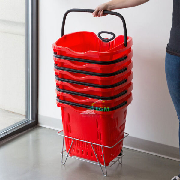 PANIER EN PLASTIQUE ROUGE & NOIR 45L A 2 ROUE POIGNE REGLABLE