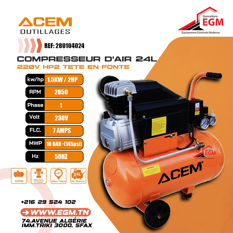 COMPRESSEUR AIR 24L 220V HP2 TETE EN FONTE ACEM COMPRESSEUR AIR 24L 220V HP2 TETE EN FONTE ACEM