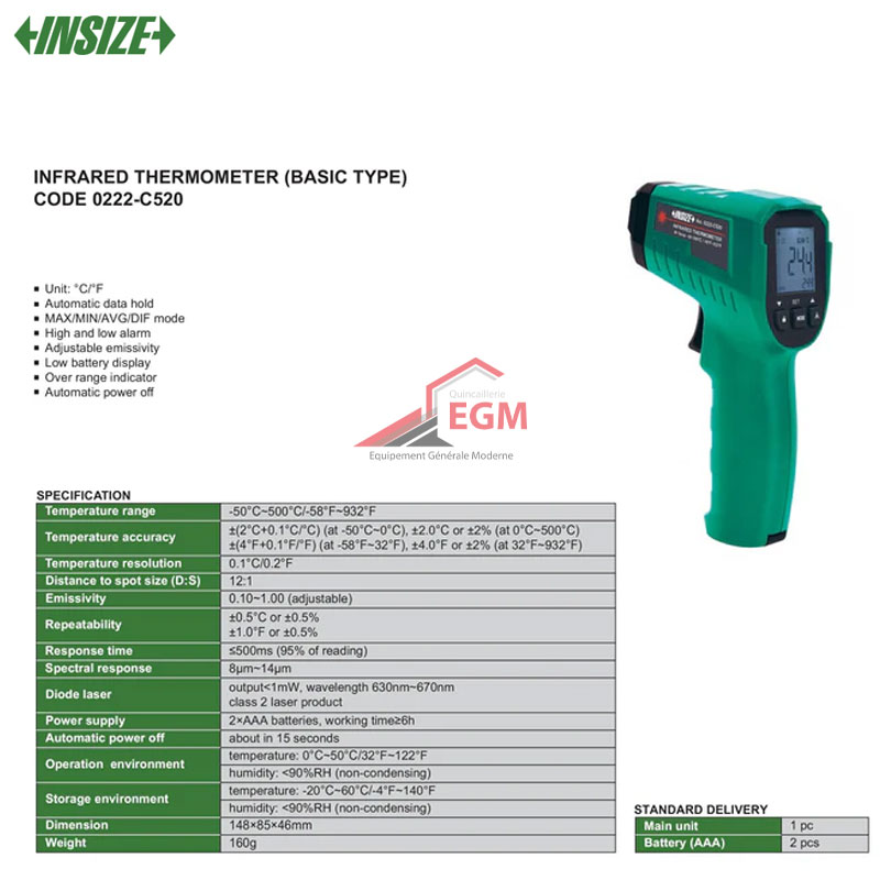 THERMOMETRE INFRAROUGES MINI -50°C+500°C/-58°F-932°F INSIZE THERMOMETRE INFRAROUGES MINI -50°C+500°C/-58°F-932°F INSIZE