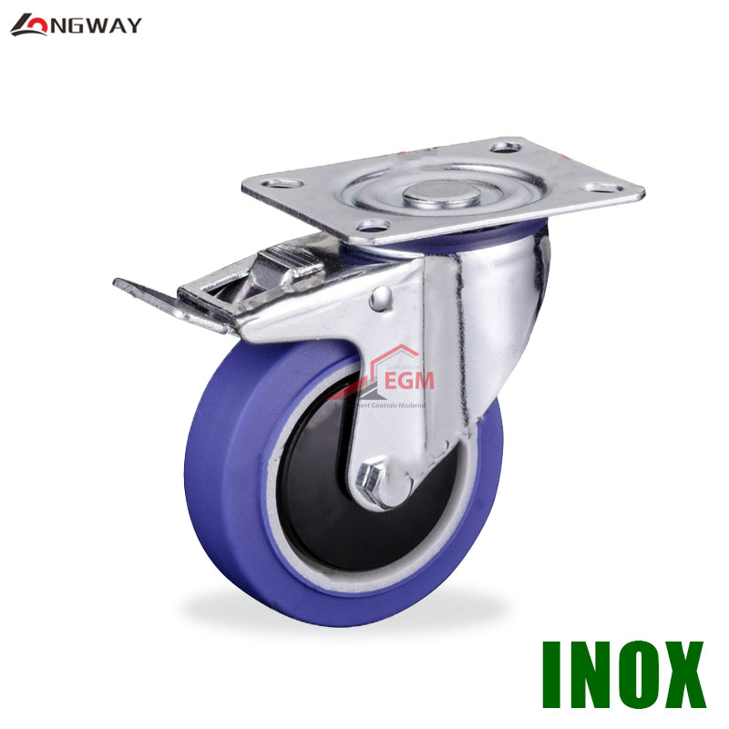 ROUE PIVO A FREIN EN TPR BLEU NOYAU EN PP A SUPPORT A014 INOX ROUE PIVO A FREIN EN TPR BLEU NOYAU EN PP A SUPPORT A014 INOX