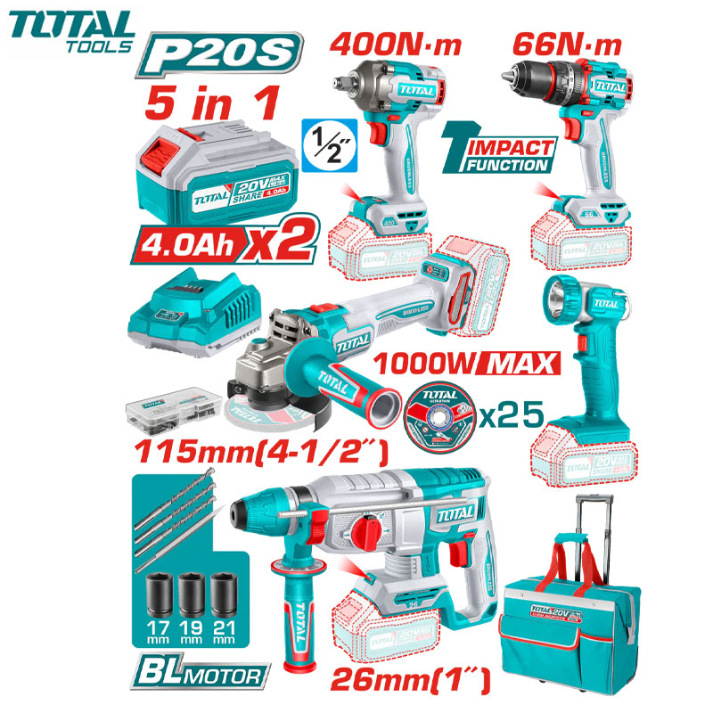 PACK OUTILS ELECTROPORTATIF 5EN1 20V 2.4AH AVEC 1 CHARGEUR & 2 BATTERIES TOTAL PACK OUTILS ELECTROPORTATIF 5EN1 20V 2.4AH AVEC 1 CHARGEUR & 2 BATTERIES TOTAL