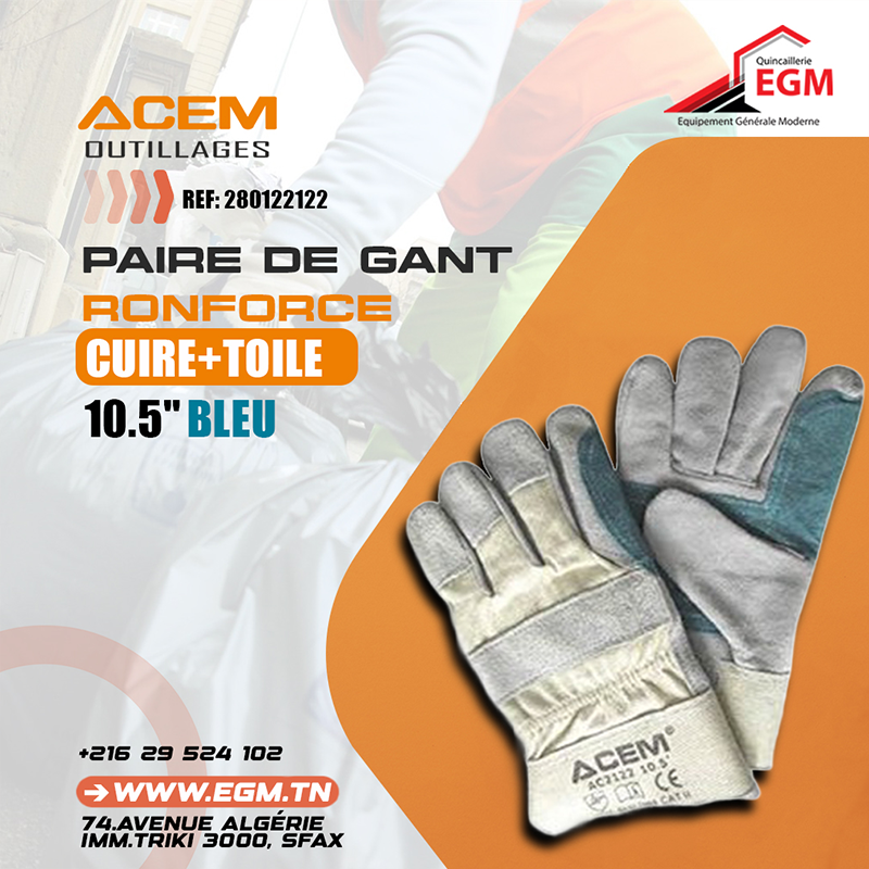 PAIRE DE GANT CUIRE+TOILE 10.5" RENFORCÉ BLEU AC 2122 ACEM PAIRE DE GANT CUIRE+TOILE 10.5" RENFORCÉ BLEU AC 2122 ACEM