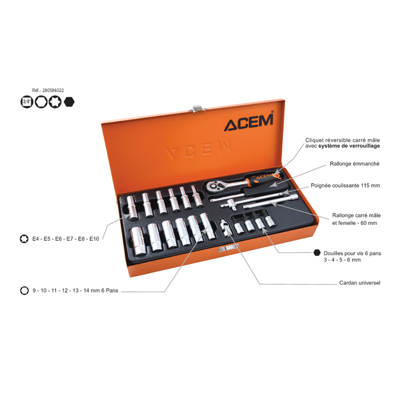COFFRET CLE DOUIL 6PANT & TORX & MALE 1/4 S/L 22PCS ACEM COFFRET CLE DOUIL 6PANT & TORX & MALE 1/4 S/L 22PCS ACEM