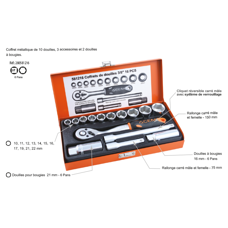 COFFRET CLE DOUILLE 3/8" 16 PCS 10-22MM ACEM EXTRA COFFRET CLE DOUILLE 3/8" 16 PCS 10-22MM ACEM EXTRA